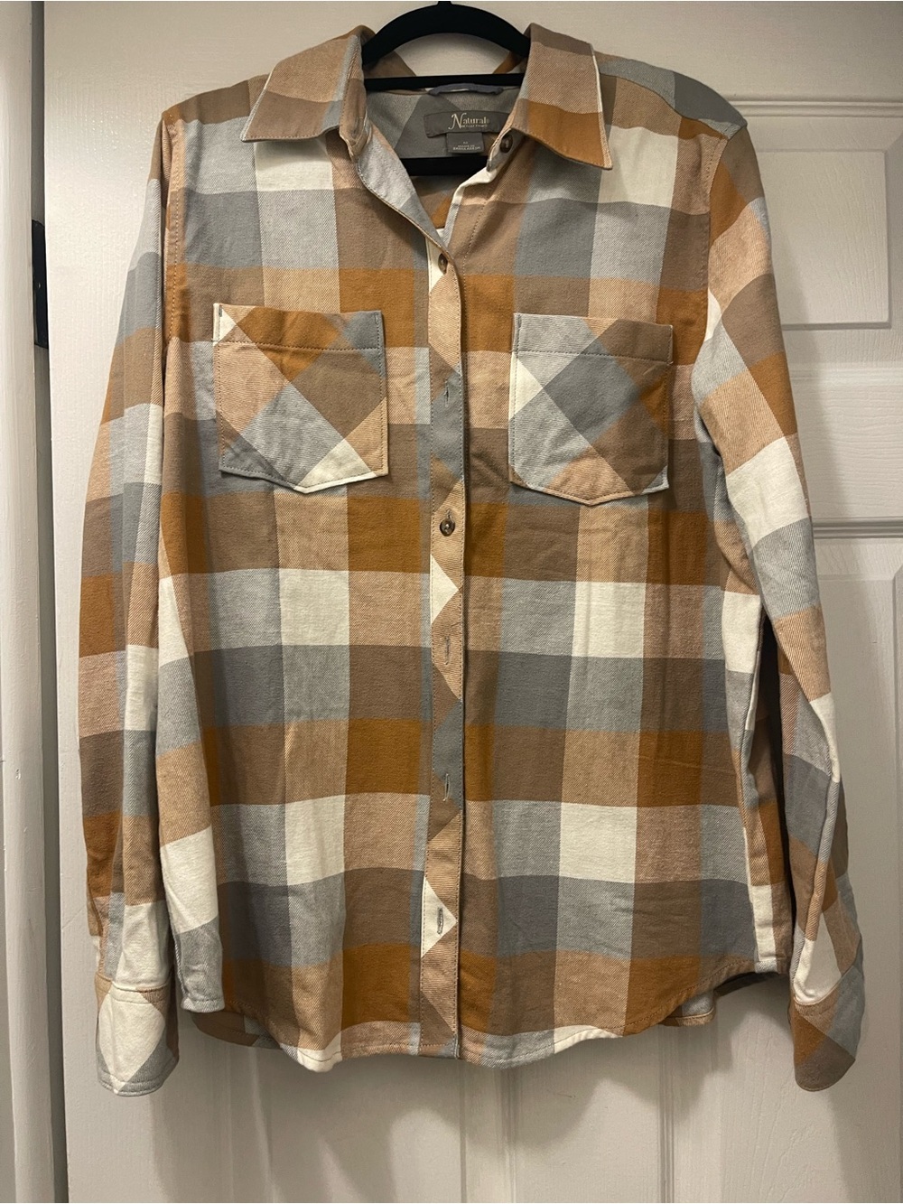 Natural Reflections Plaid Cotton Button-Up Shirt Medium Tan Gray Cream